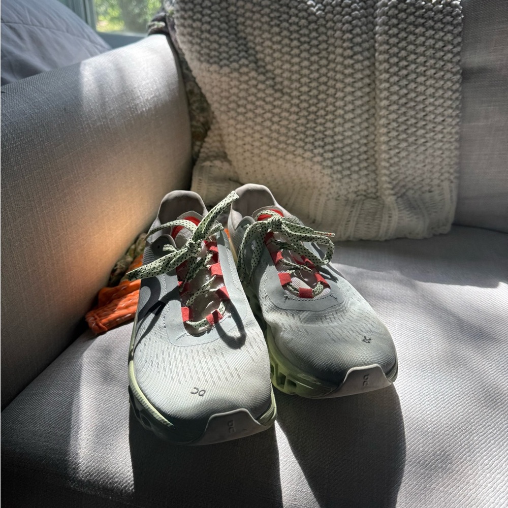 On Cloud Green and Gray Athletic Shoes